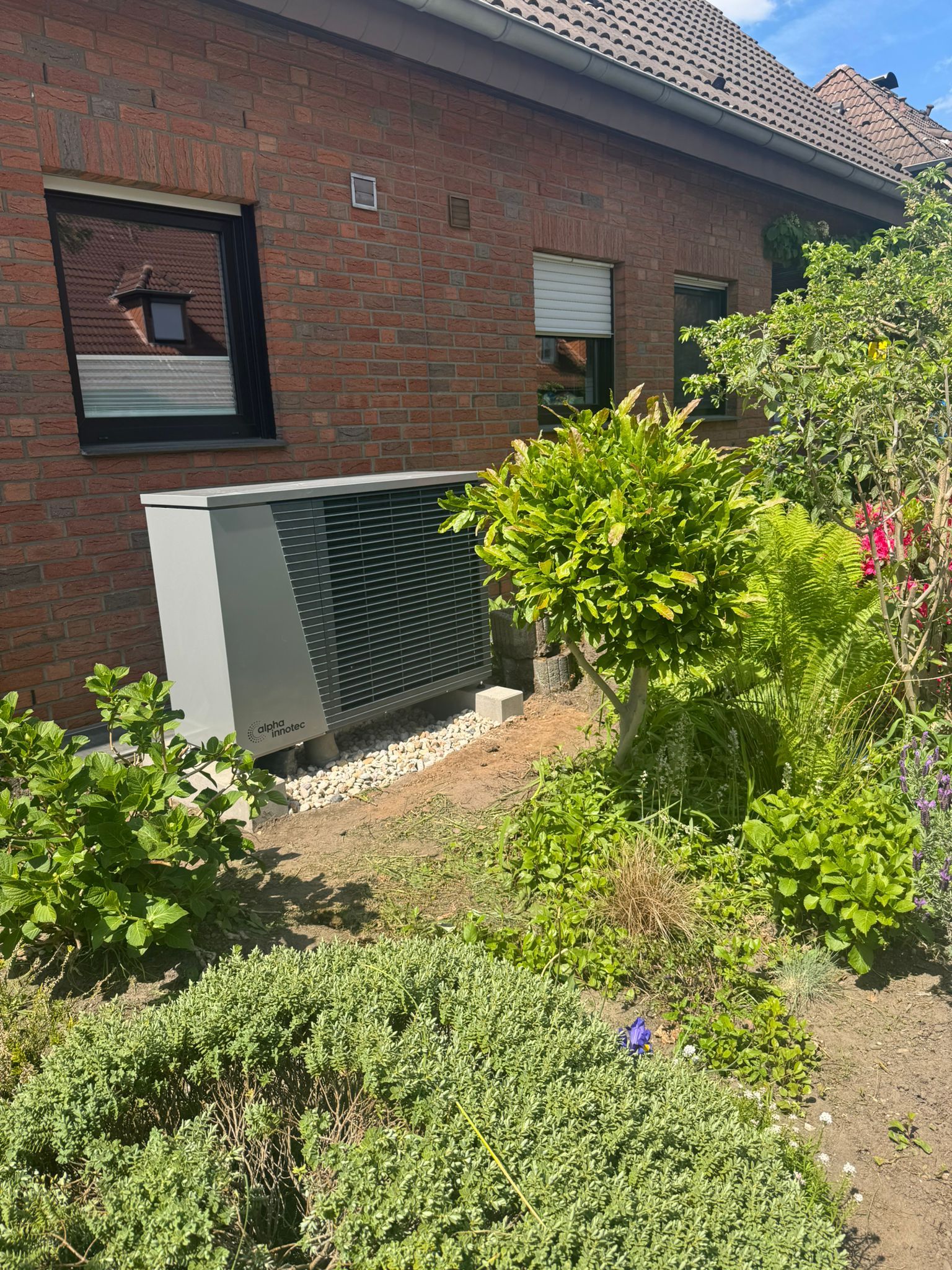 Außeneinheit einer Wärmepumpe vor roter Klinkerfassade, aufgestellt im bepflanzten Garten.