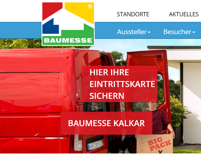 Links ist ein roter Transporter zu sehen sowie das logo der Baumesse