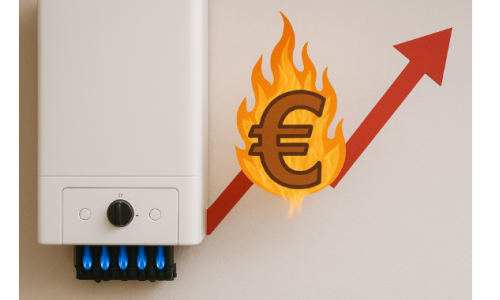 Ein Gasheizgerät mit blauen Flammen ist links zu sehen, daneben ein brennendes Euro-Zeichen vor einem steigenden roten Pfeil.