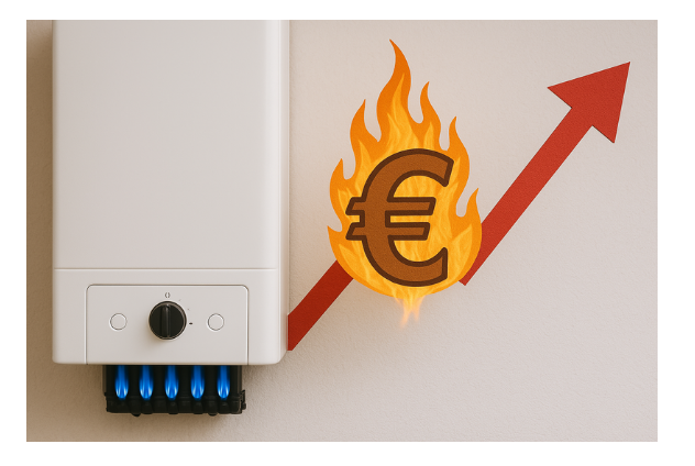 Ein Gasheizgerät mit blauen Flammen ist links zu sehen, daneben ein brennendes Euro-Zeichen vor einem steigenden roten Pfeil.