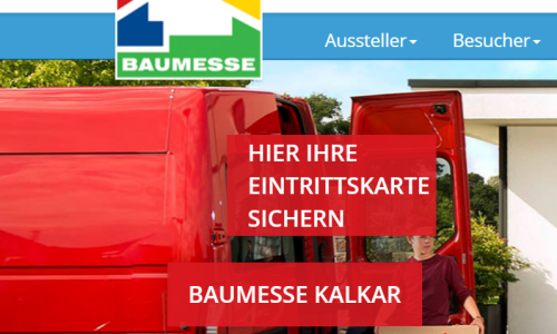 Links ist ein roter Transporter zu sehen sowie das logo der Baumesse