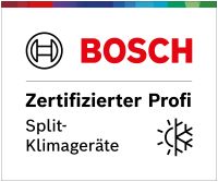 Zertifizierter Bosch Profi für Split-Klimageräte – offizielles Logo mit Bosch-Schriftzug und Klimasymbol.